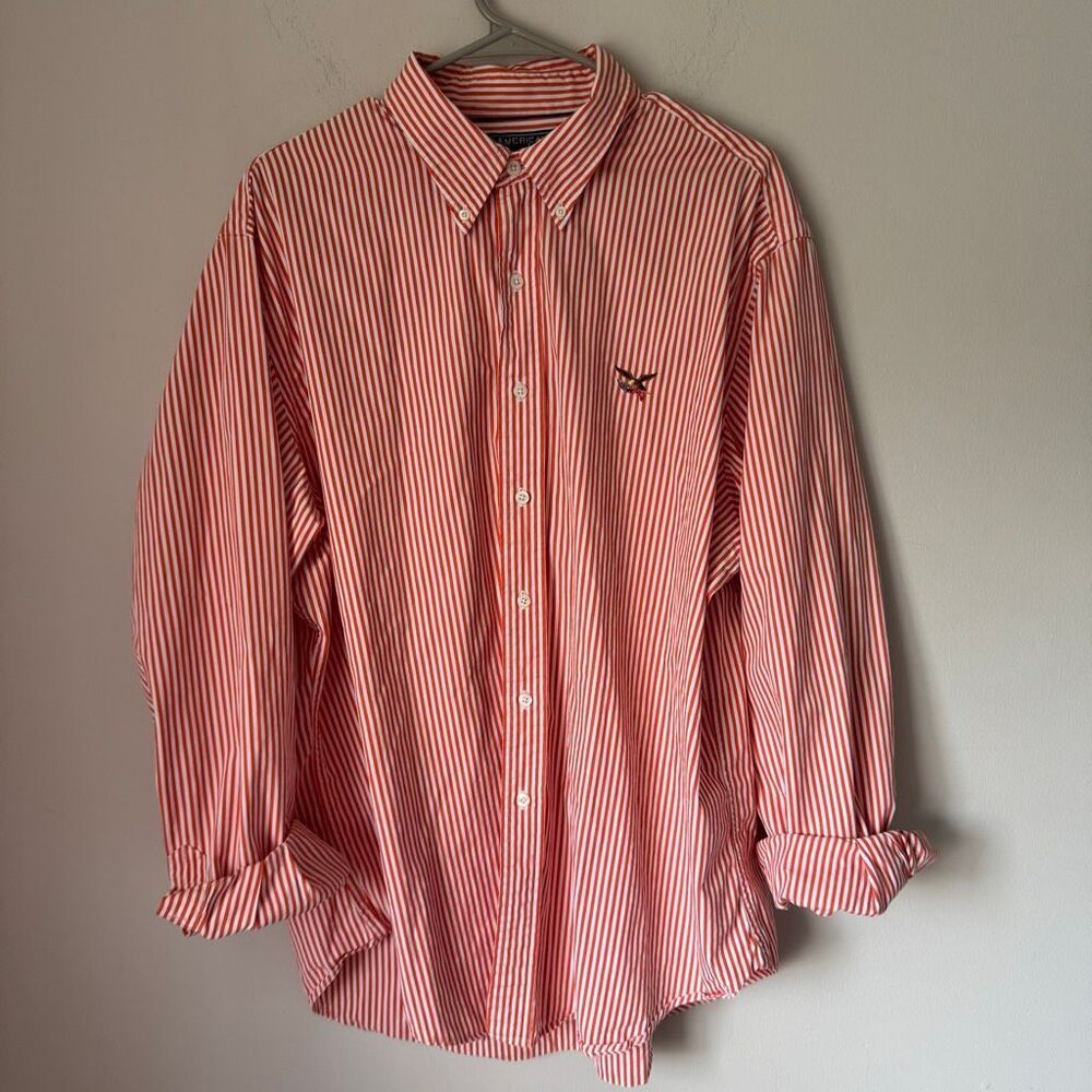 Oversized 100% Cotton Striped Button Down Shirt With Embroidered Eagle Sz XXL